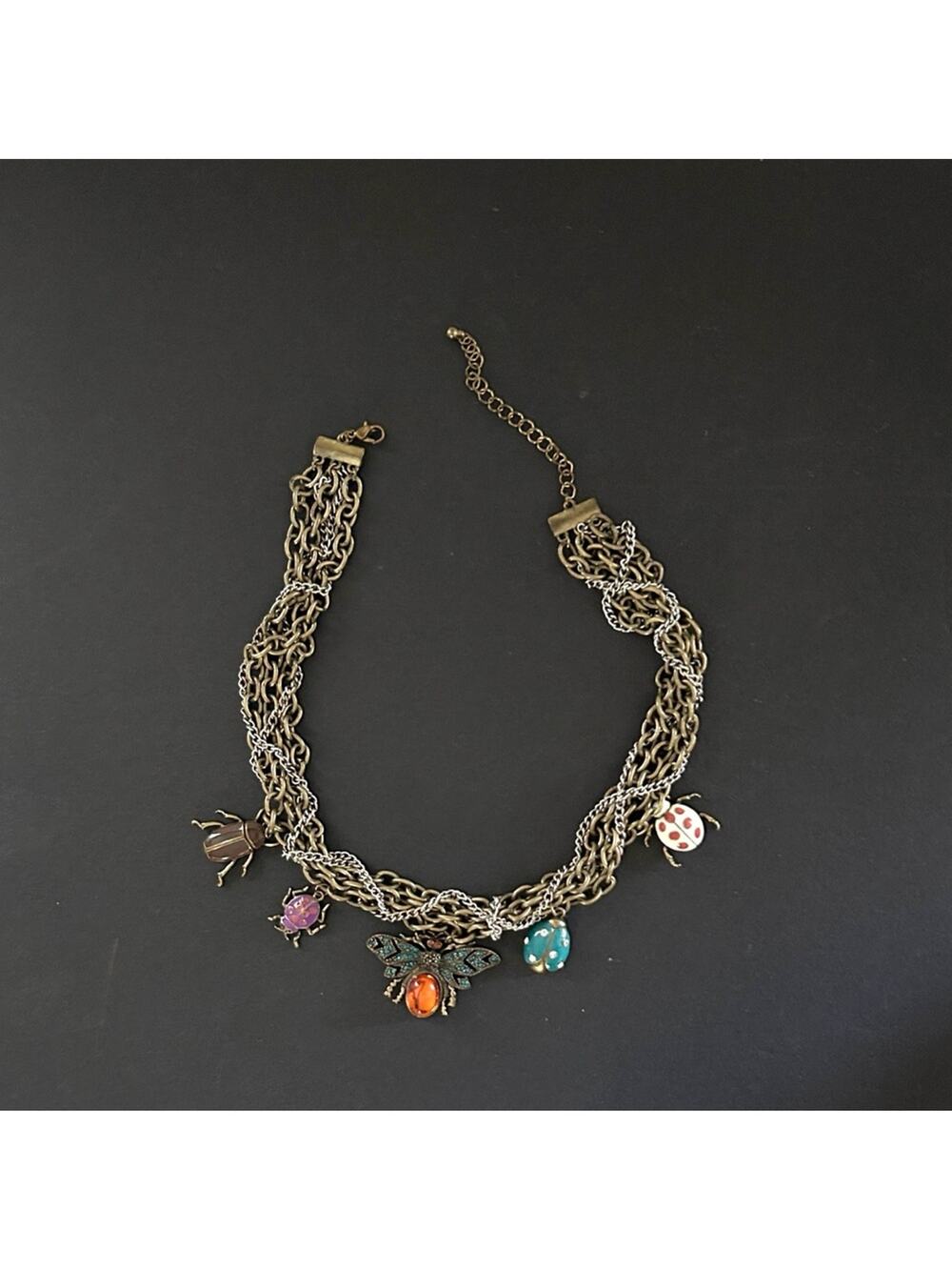 Multichain Brass and Silver Tone Charm Necklace with Multicolor Enamel Insects